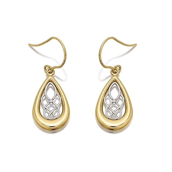 9ct Gold Two Colour Cubic Zirconia Celtic Drop Earrings - G1437