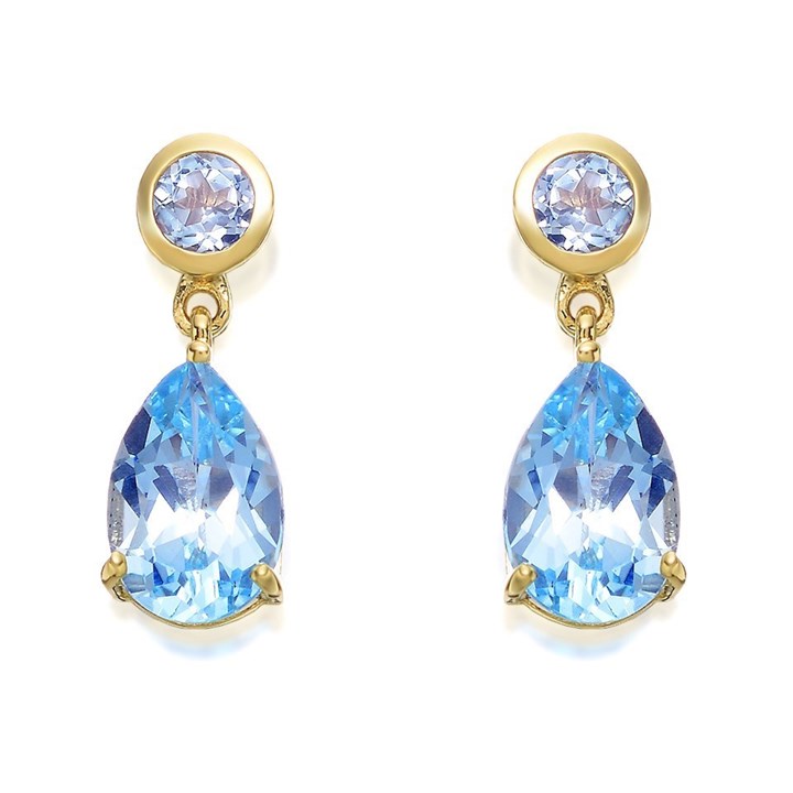 9ct Gold Blue Topaz Drop Earrings - 16mm drop - G1811