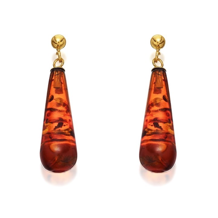 9ct Gold Pressed Amber Drop Earrings - 30mm drop - G1815