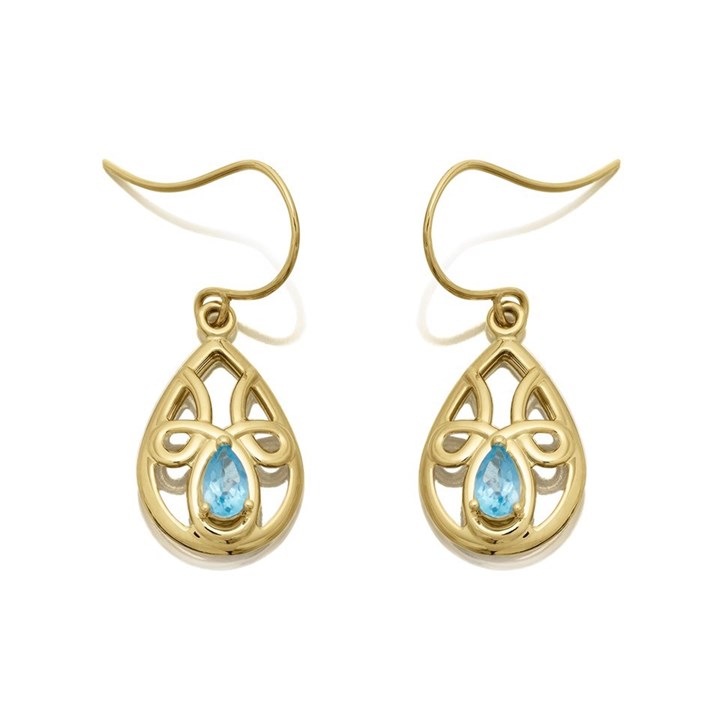 9ct Gold Blue Topaz Celtic Hook Wire Drop Earrings - G1829