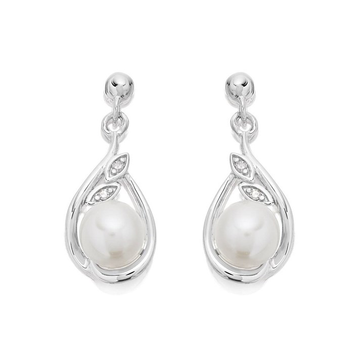 9ct White Gold Freshwater Pearl And Diamond Drop Earrings - G1831