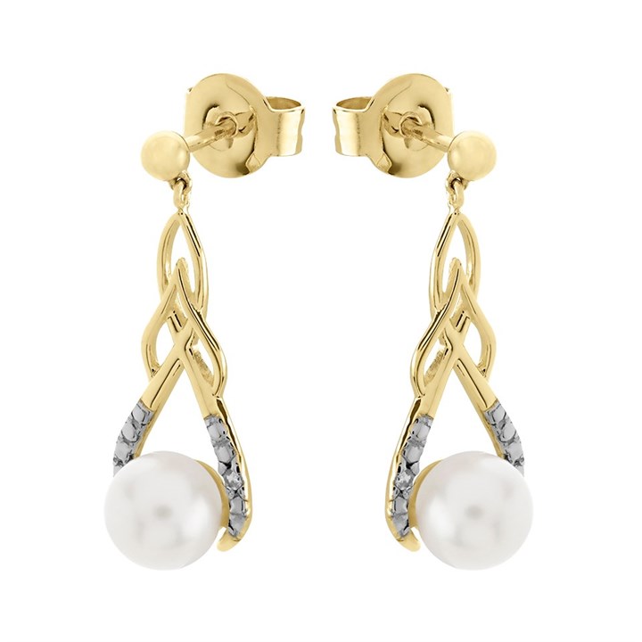 9ct Gold Diamond And Pearl Drop Earrings - 21mm drop - G1834