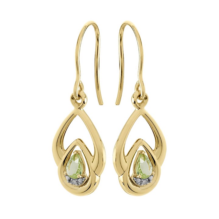 9ct Gold Peridot And Diamond Hook Wire Earrings - 28mm drop - G1835