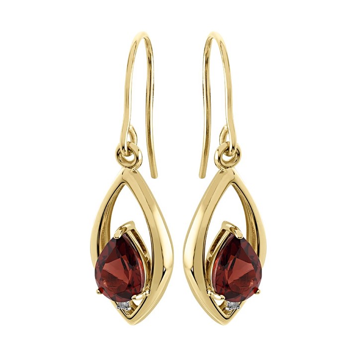 9ct Gold Diamond And Garnet Hook Wire Earrings - 31mm drop - G1836
