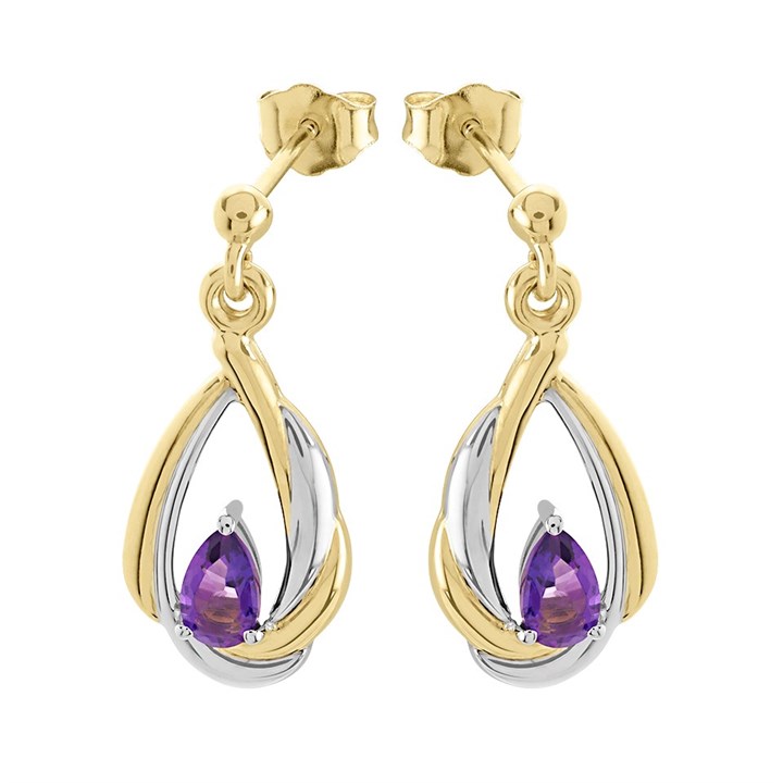 9ct Gold Two Colour Amethyst Drop Earrings - 20mm drop - G1837