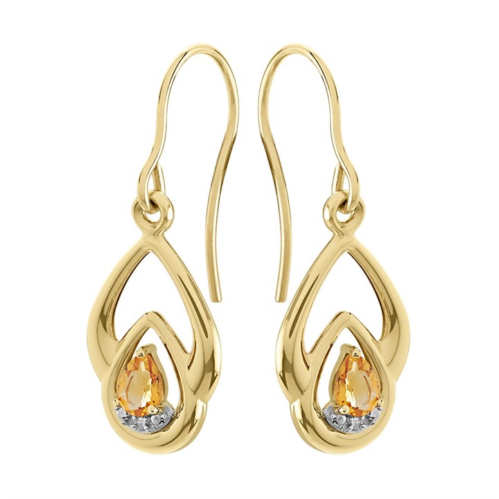9ct Gold Citrine And Diamond Hook Wire Earrings - 28mm drop - G1840