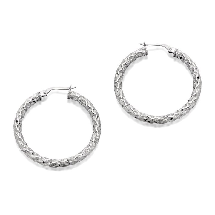 9ct White Gold Diamond Cut Hoop Earrings - 30mm - G2107