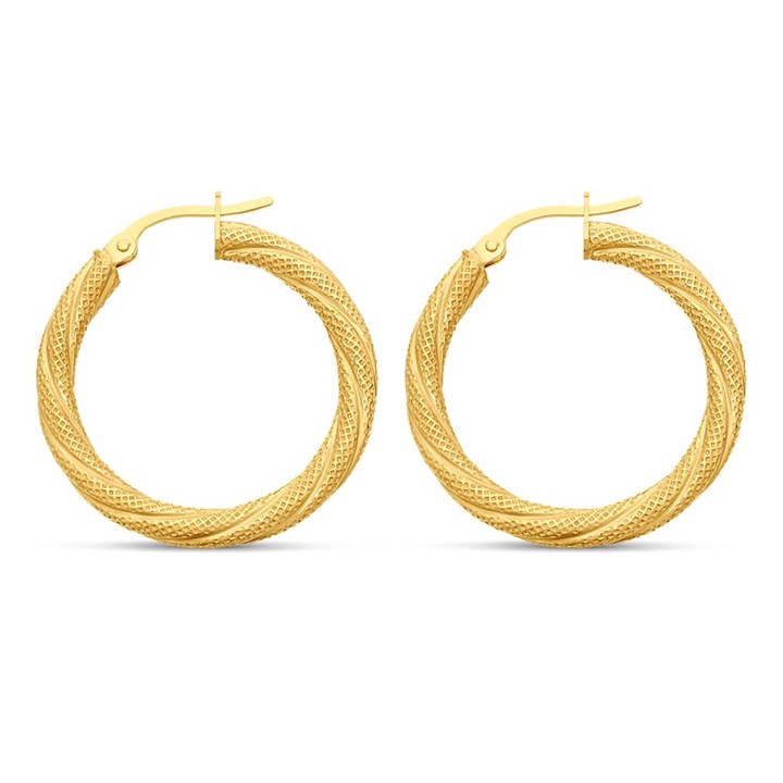 9ct Gold Twist Pattern Hoop Earrings - 26mm - G2145