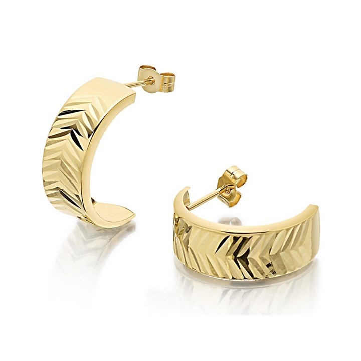 9ct Gold Herringbone Pattern Half Hoop Earrings - 15mm - G2574