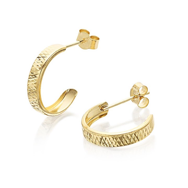 9ct Gold Diamond Cut Half Hoop Earrings - 12mm - G2681