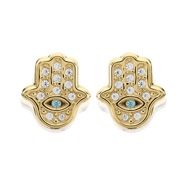 9ct Gold Cubic Zirconia Hamsa Hand Stud Earrings - 8mm - G27121