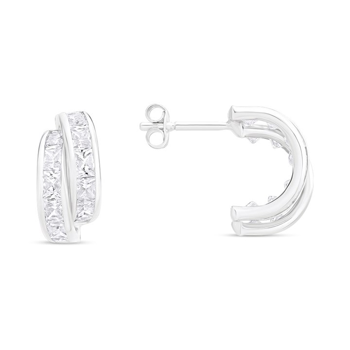 9ct White Gold Cubic Zirconia Half Hoop Earrings - 12mm - G27137