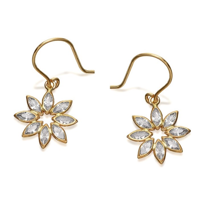 9ct Gold Cubic Zirconia Flower Hook Wire Drop Earrings - 12mm drop - G2826