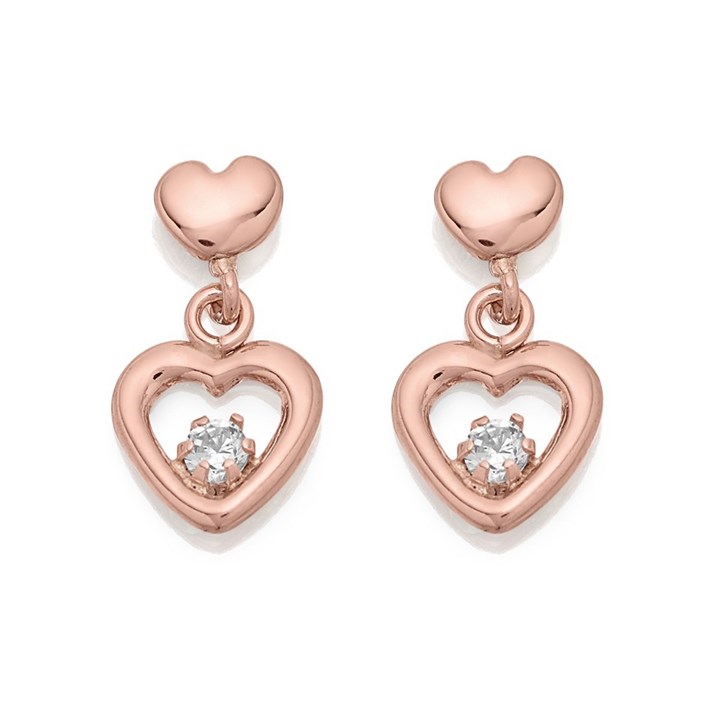 9ct Rose Gold Cubic Zirconia Heart Drop Earrings - 11mm drop - G2860
