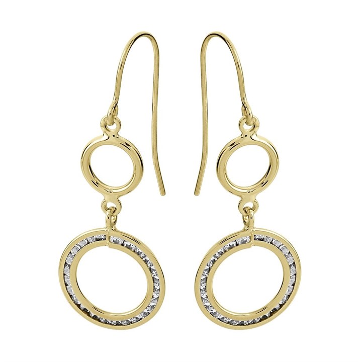 9ct Gold Cubic Zirconia Circle Hook Wire Earrings - 32mm drop - G2884