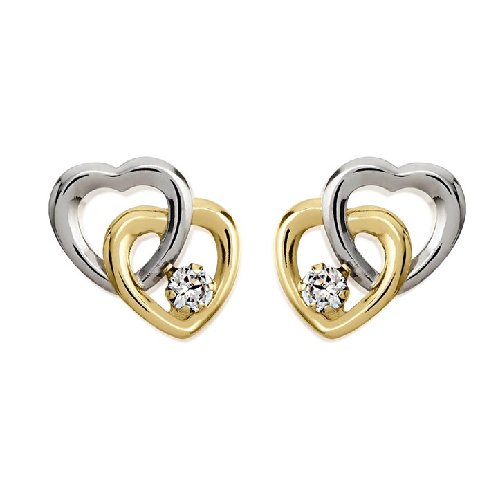 9ct Gold Two Colour Cubic Zirconia Heart Stud Earrings - 8mm - G2944
