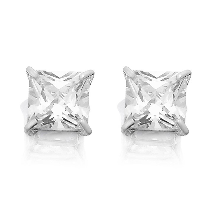14K White Gold Princess Cut Cubic Zirconia Screw Back Stud Earrings - Square Design