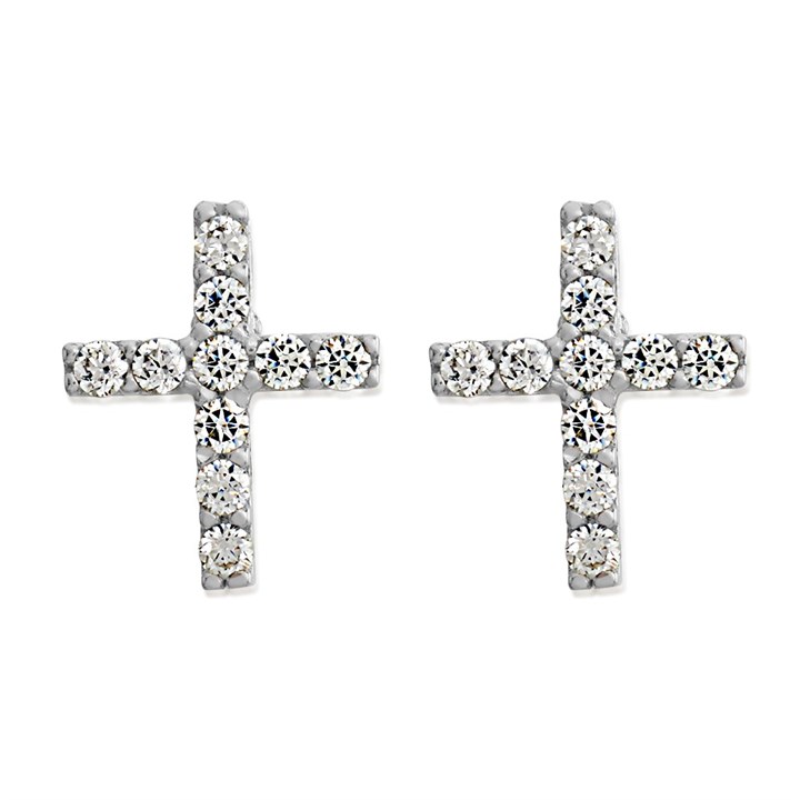 9ct White Gold Cubic Zirconia Cross Stud Earrings - 9mm - G32101
