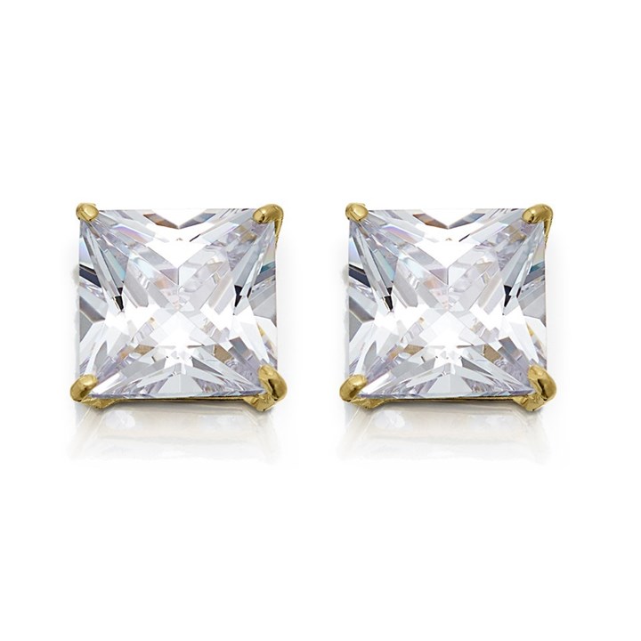 9ct Gold Square Cubic Zirconia Solitaire Stud Earrings - 7mm - G3241