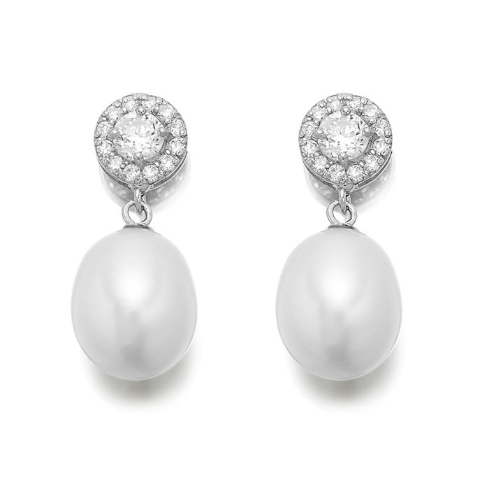 9ct White Gold Cubic Zirconia Freshwater Pearl Drop Earrings - 20mm drop - G3257
