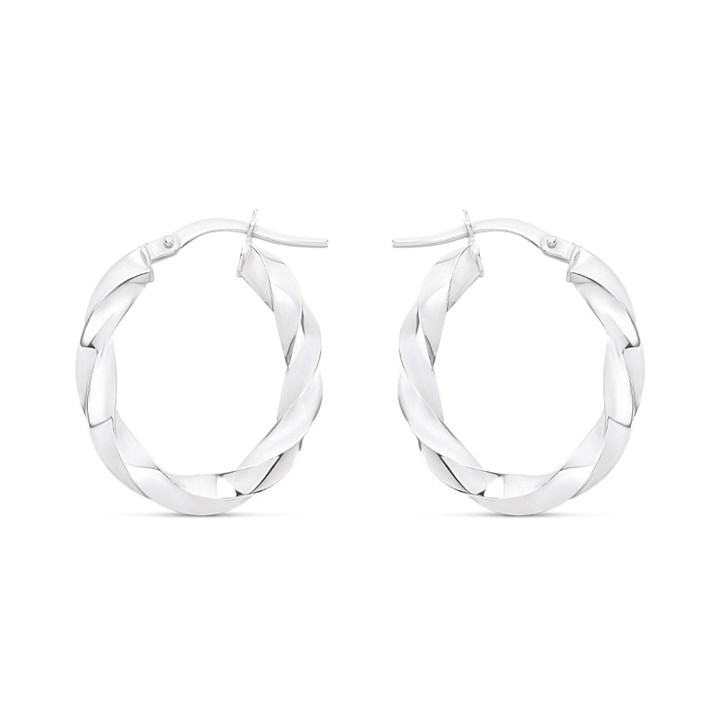 9ct White Gold Twisted Oval Hoop Earrings - 23mm - G41125