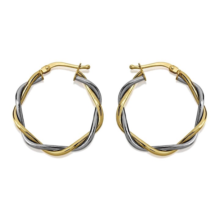 9ct Gold Two Colour Twisted Hoop Earrings - 24mm - G41149