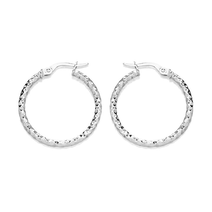 9ct White Gold Patterned Hoop Earrings - 24mm - G41159