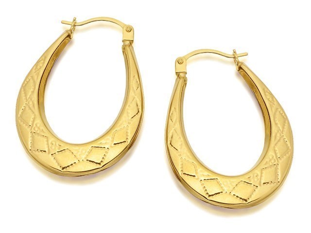 9ct Gold Oval Beaded Diamond Creole Hoop Earrings - 26mm - G4197