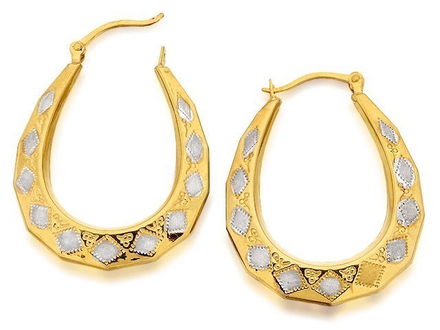 9ct Gold Two Colour Patterned Creole Hoop Earrings - 28mm - G4301