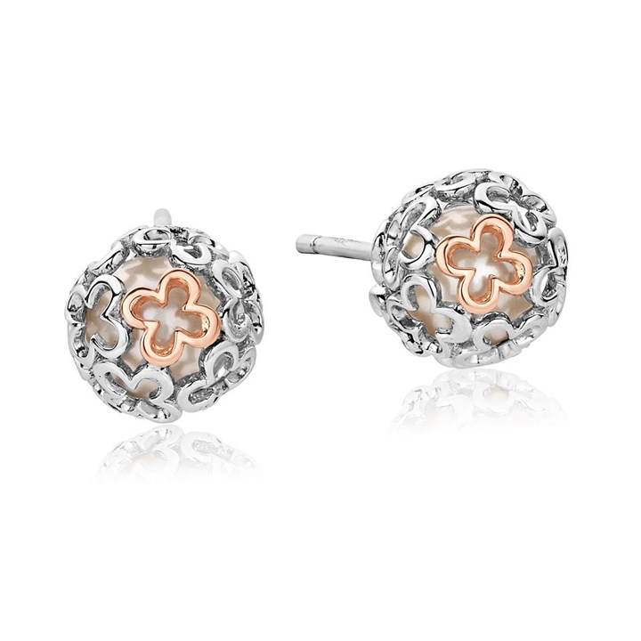 Clogau Silver And 9ct Rose Gold Tudor Court Spherical Pearl Stud Earrings - G44211