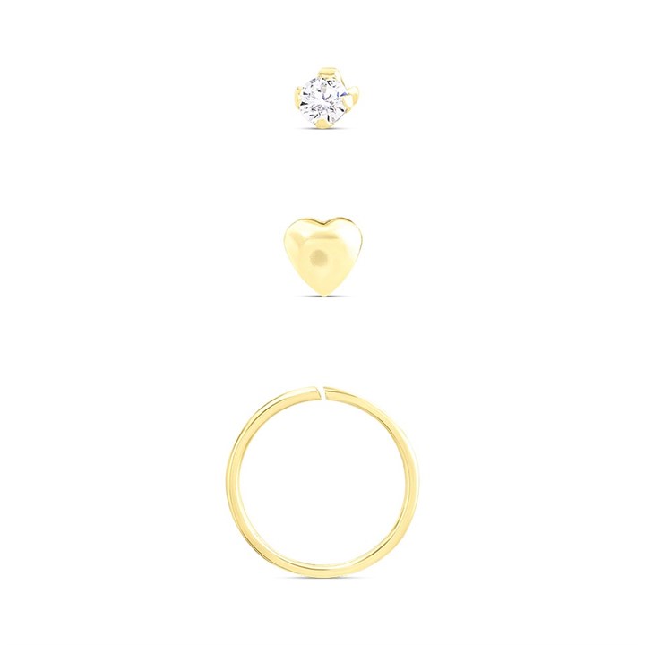 9ct Gold Heart, Hoop And Cubic Zirconia Nose Stud Set - G4507