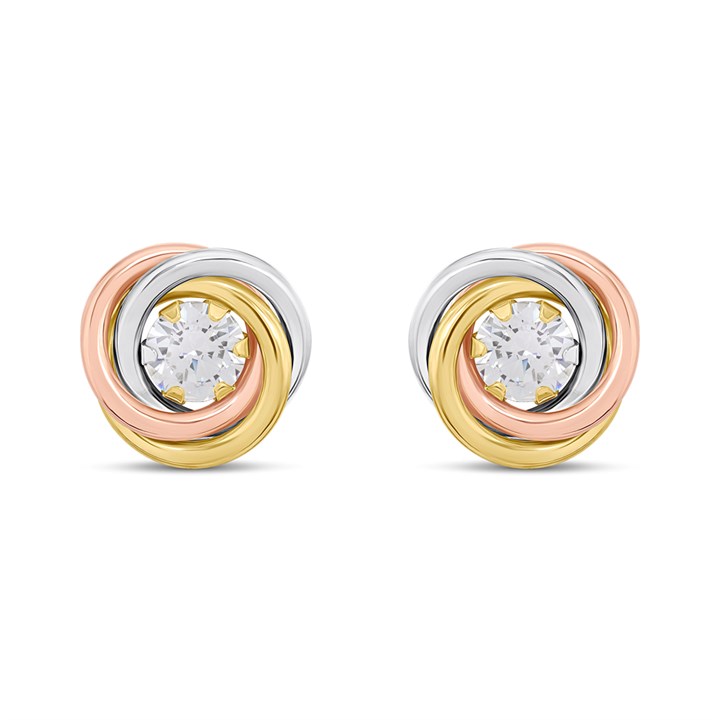 9ct Gold Three Colour Cubic Zirconia Knot Earrings - 11mm - G4644