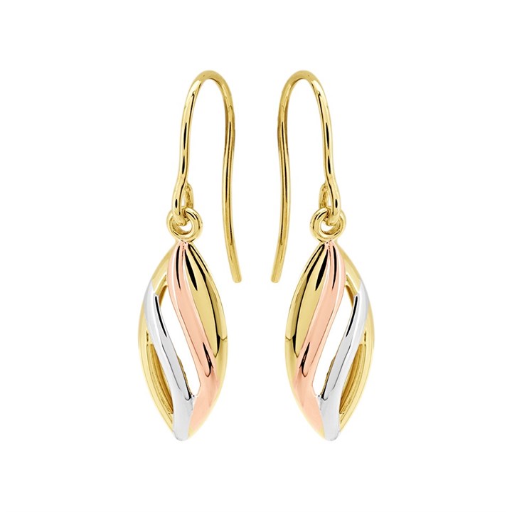 9ct Gold Three Colour Leaf Hook Wire Earrings - 28mm drop - G48118
