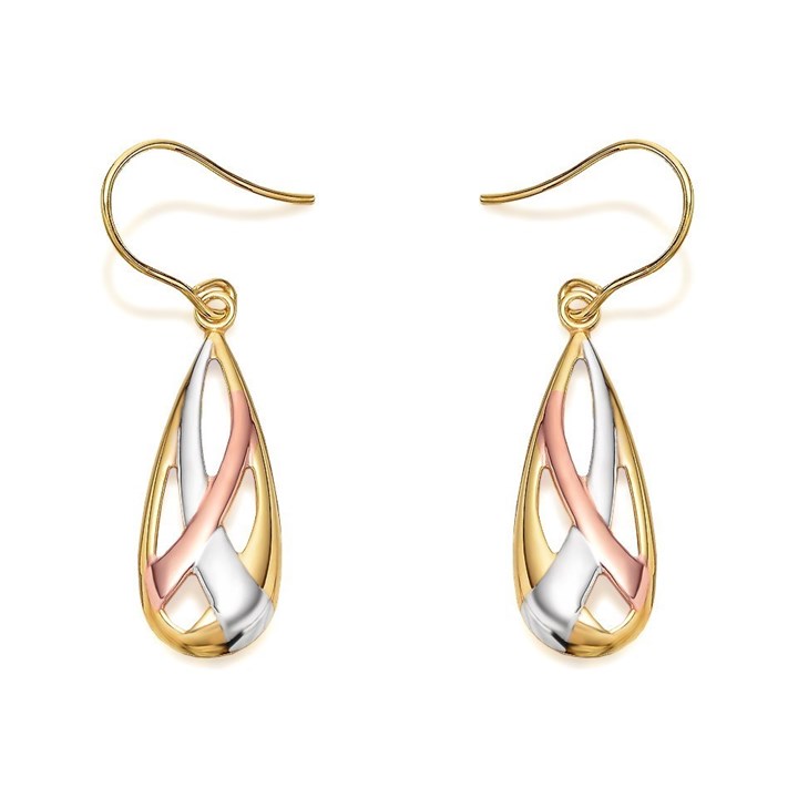 9ct Gold Three Colour Teardrop Hook Wire Earrings - 35mm drop - G4813