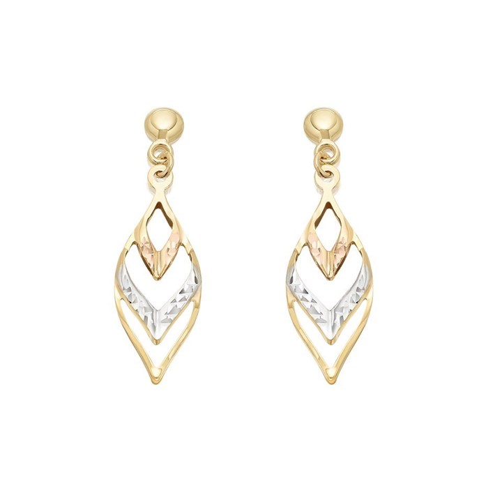 9ct Gold Three Colour Drop Earrings - 33mm drop - G4814