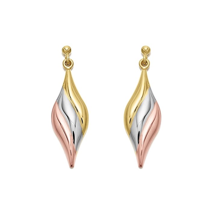 9ct Gold Three Colour Flame Drop Earrings - 24mm drop - G4817