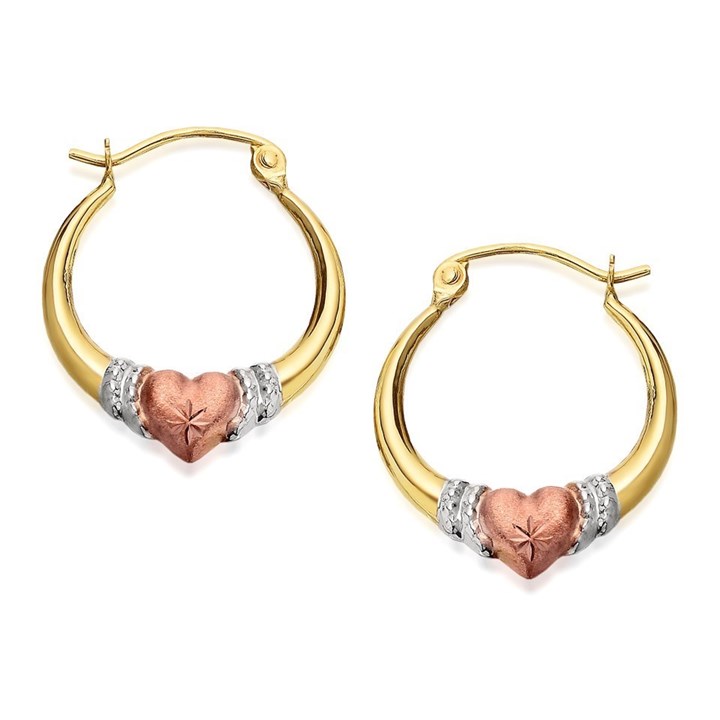 9ct Gold Three Colour Heart Creole Hoop Earrings - 17mm - G4911