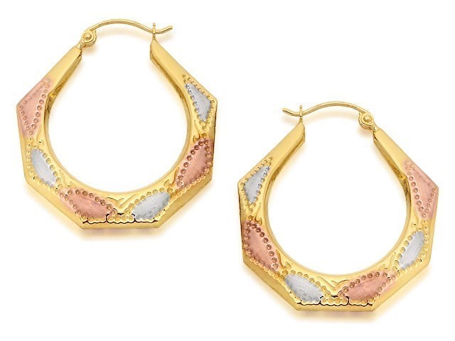 9ct Gold Three Colour Octagonal Creole Hoop Earrings - 25mm - G4924
