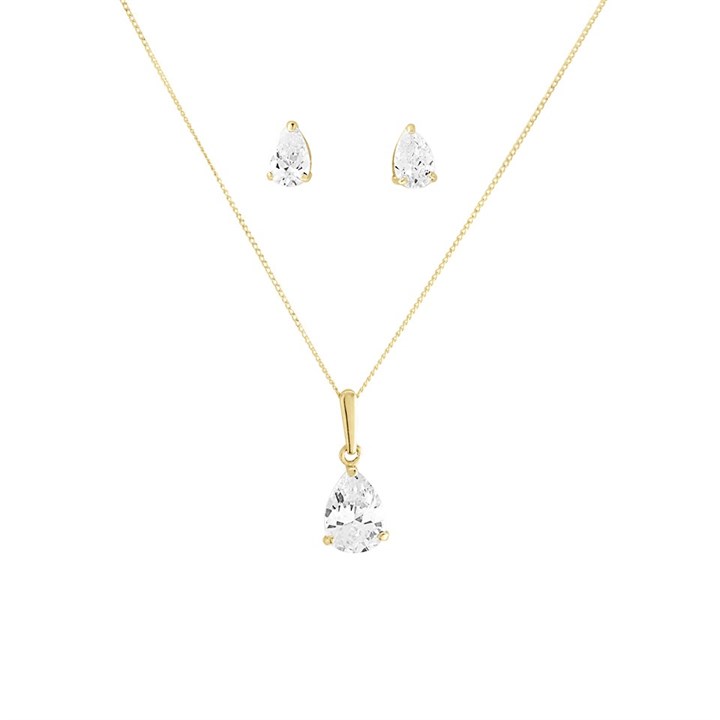 9ct Gold Pear Cubic Zirconia Necklace And Earrings Gift Set - G5015