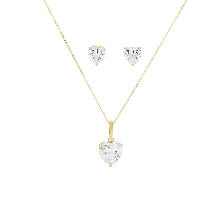 9ct Gold Heart Cubic Zirconia Necklace And Earrings Gift Set - G5016