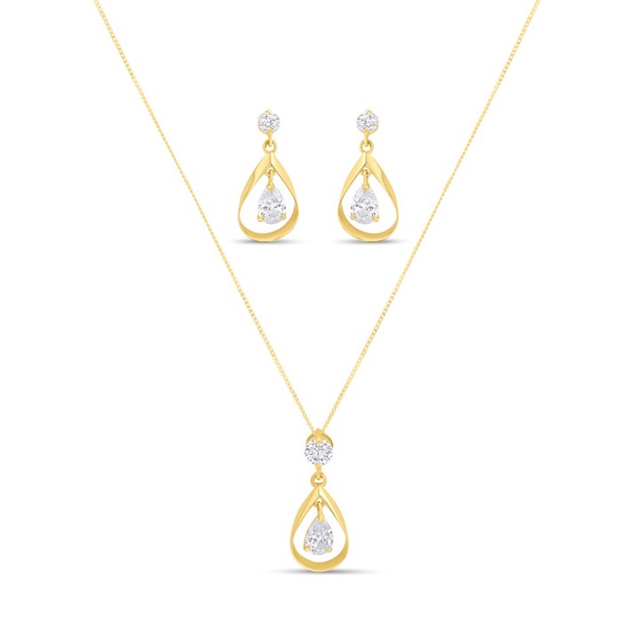 9ct Gold CZ Teardrop Earring And Pendant Set - G5020