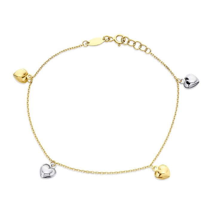9ct Gold Two Colour Heart Charm Bracelet - 7.5in - G6459