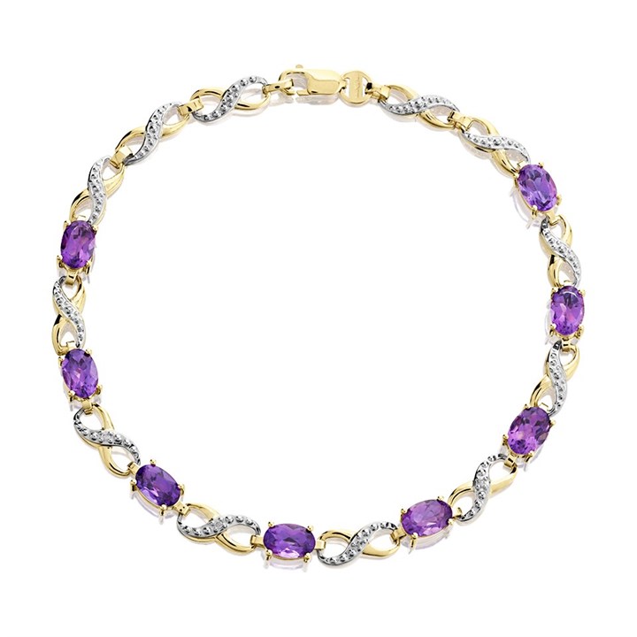 9ct Gold Diamond And Amethyst Bracelet - 7.25in - G8348