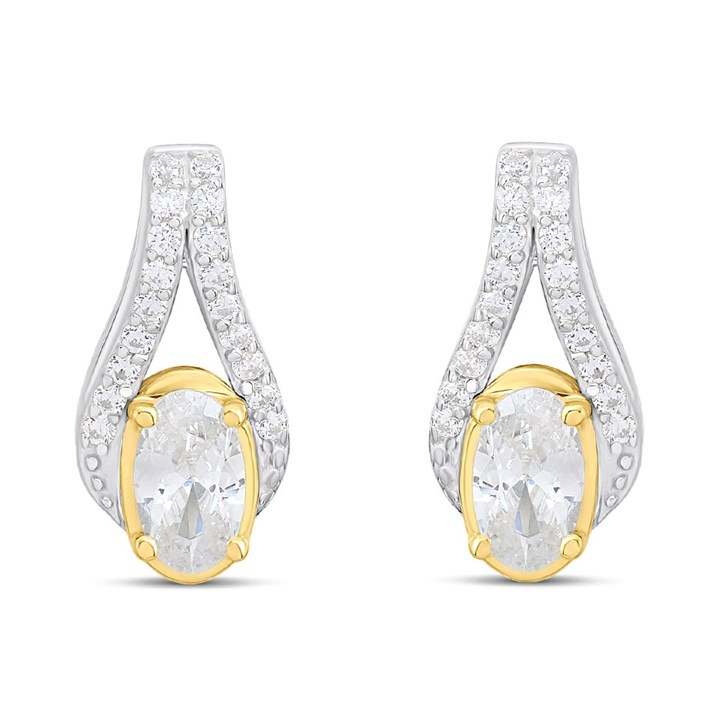 Night & Day Silver And 9ct Gold Oval Halo CZ Earrings - G9966