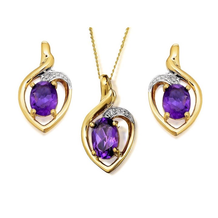 9ct Gold Amethyst And Diamond Earring And Pendant Set - GS0304