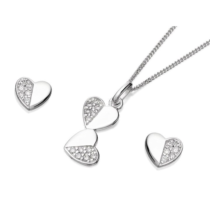 Silver Cubic Zirocnia Heart Stud Earring And Pendant Set - GS0457