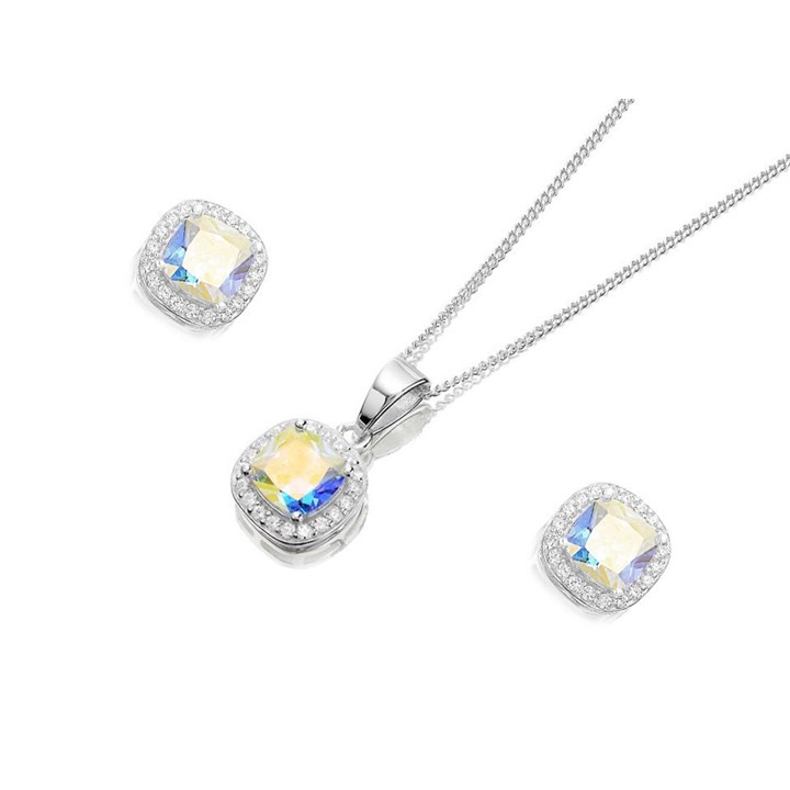 Silver Cushion Cubic Zirconia Cluster Earring And Pendant Set - GS0465