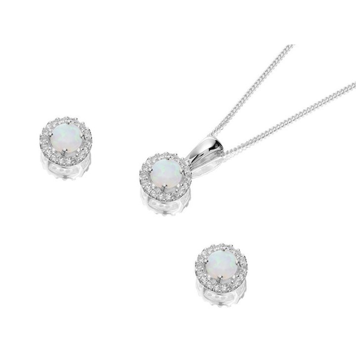 Silver Imitation Opal and Cubic Zirconia Cluster Earring And Pendant Set - GS0468