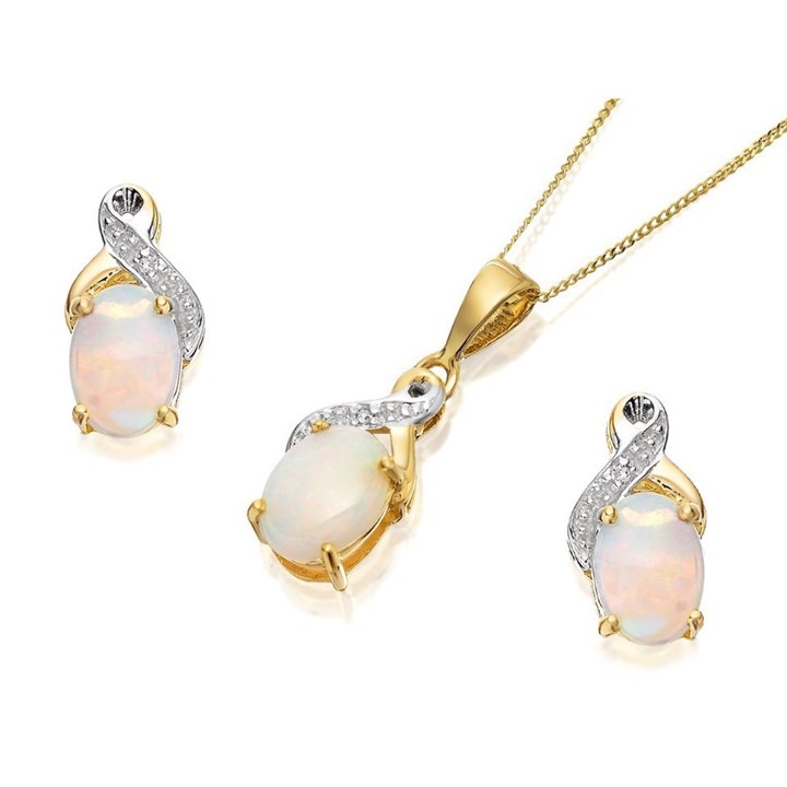 9ct Gold Two Colour Opal And Diamond Stud Earring And Pendant Set - GS0524