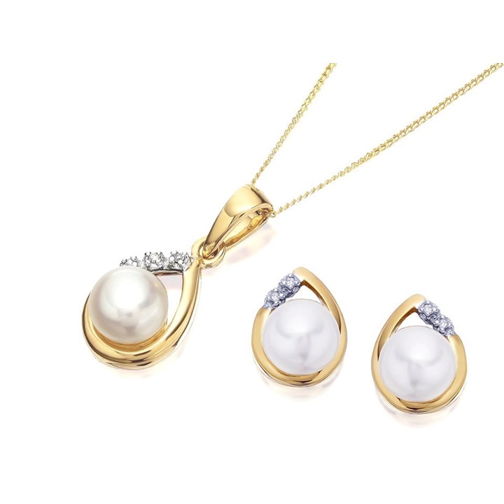 9ct Gold Freshwater Pearl And Diamond Earring And Pendant Set - GS0615
